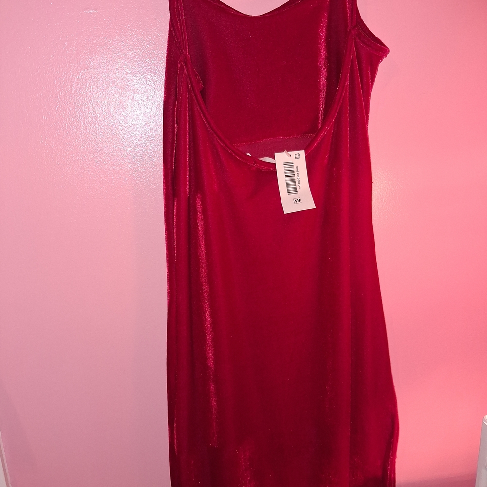 The Hanger Boutique Red Velvet Midi Slip Dress - Side Slit - Size S